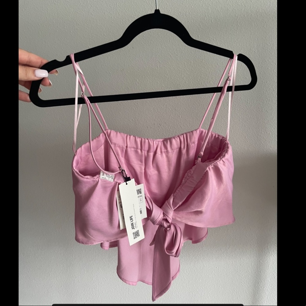 ZARA light pink silk crop top with bow in back - L